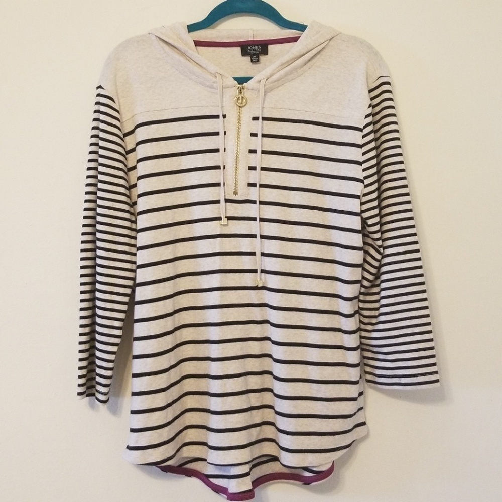 Jones New York Cream and Black Striped Hoodie Sweatshirt